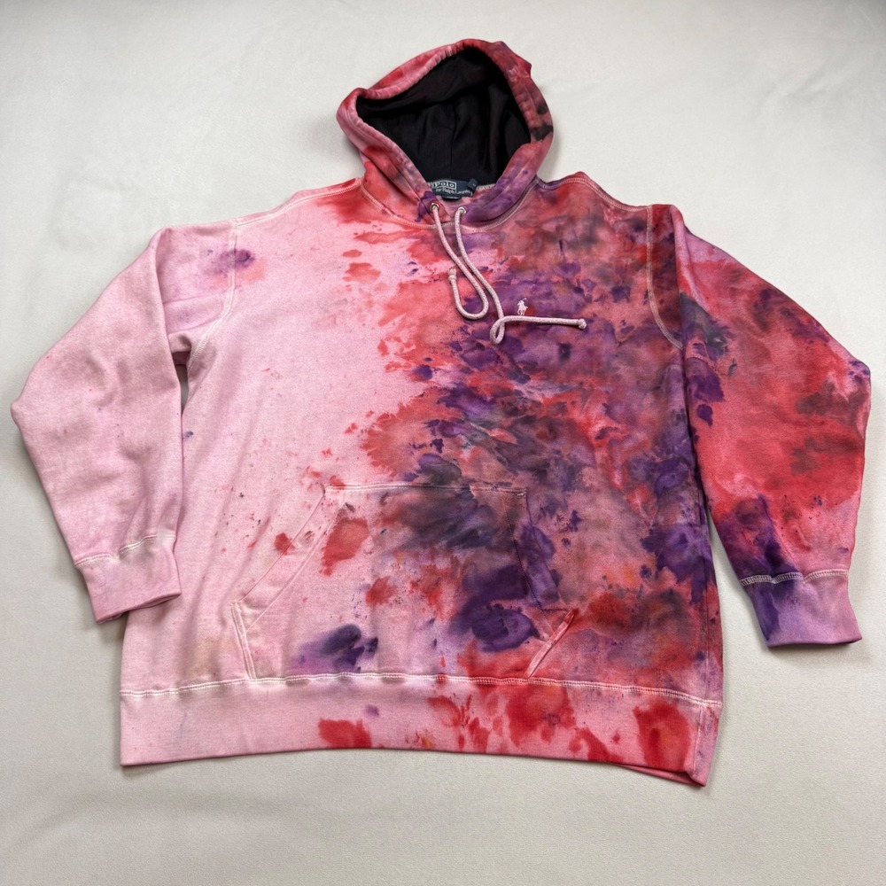 Polo Ralph Lauren Mens Tie Dye Hoodie Pink Red Purple Cotton Pullover Medium
